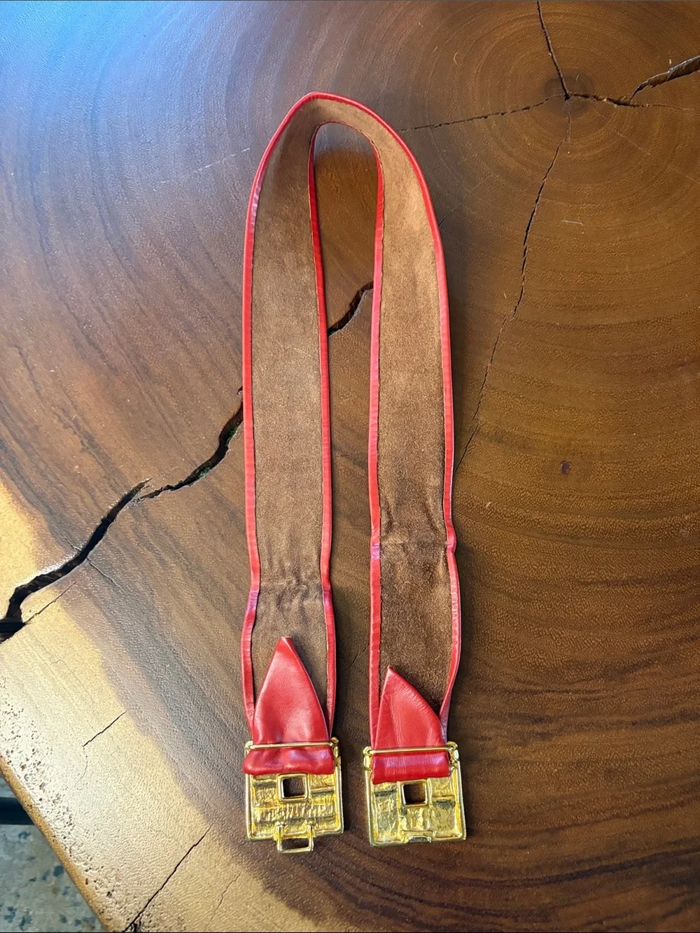 Vintage 80s Red Leather Wide Belt Gold Statement Buckle Adjustable Waist